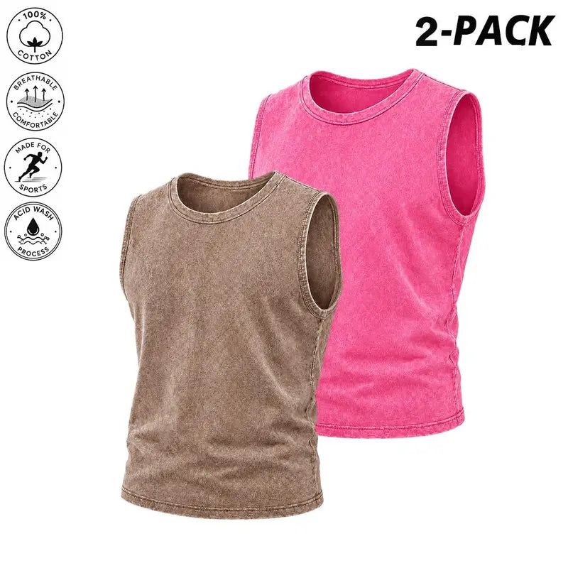2-pack acid-wash tank tops — unisex sleeveless cotton muscle T-shirts and loose retro street-style cropped tops, suitable for summer layering and casual wear