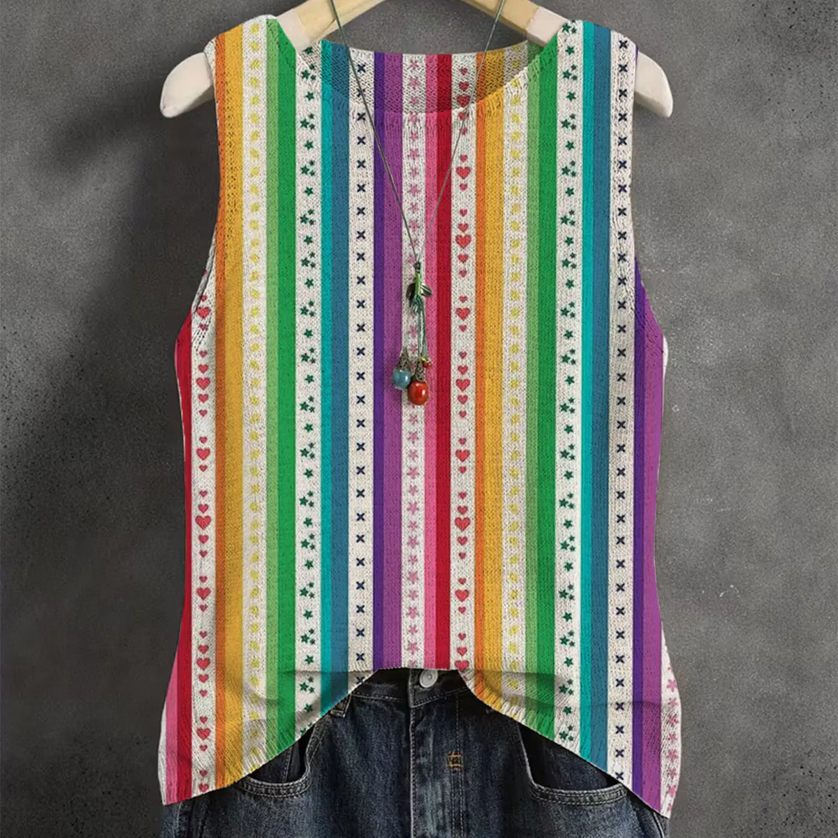 Women's Spring Summer Elegant Artistic Striped Star Heart Print Round Neck Sweater Vest, Casual Sleeveless Knit Top, Breathable Fashion