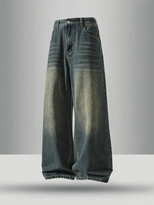 Men's vintage washed medium wash oversized loose straight-leg jeans, Casual Streetwear Jeans, casual four-season street style, zipper fly, plain pattern, Pocket, daily wear leisure denim trousers. If you prefer a looser fit, order one size larger.