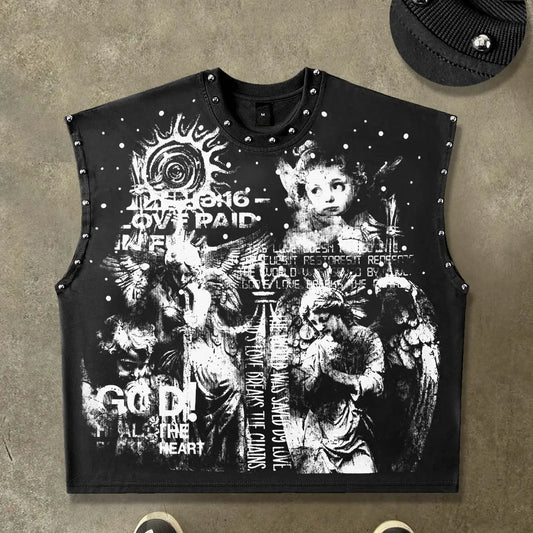 Short vest, loose fit, men's and women's American retro Y2K vest, angel printed vest, street fashion brand casual vest, Vest Tops