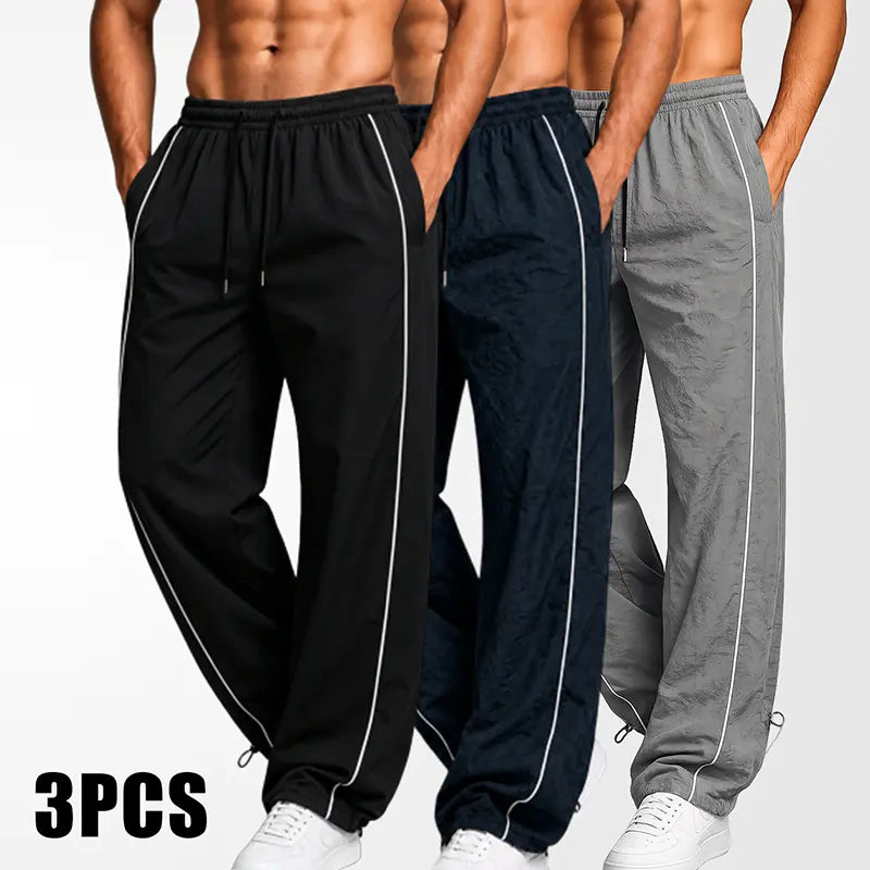 Men's Lightweight Breathable Wide Leg Pants - Reflective Stripe Casual Track Pants with Adjustable Drawstring & Cuffs
