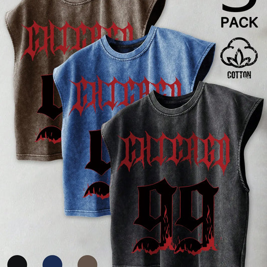 Unisex 3-Piece Washed Graphic Vest Set, Vintage Distressed Print & Wide Shoulder Design, High-Quality Cotton Loose Fit Multi-Color