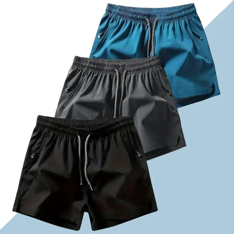 Men's 3-Counts Plain Solid Drawstring Shorts - Male Clothing, Drawstring Hold Fit, Casual Athletic Men's Shorts, Zipper Pockets, Chic Preppy Fitted Cut, Breathable Elastic Waist, Machine Washable Athleisure Bottoms, Athleisure to Beach