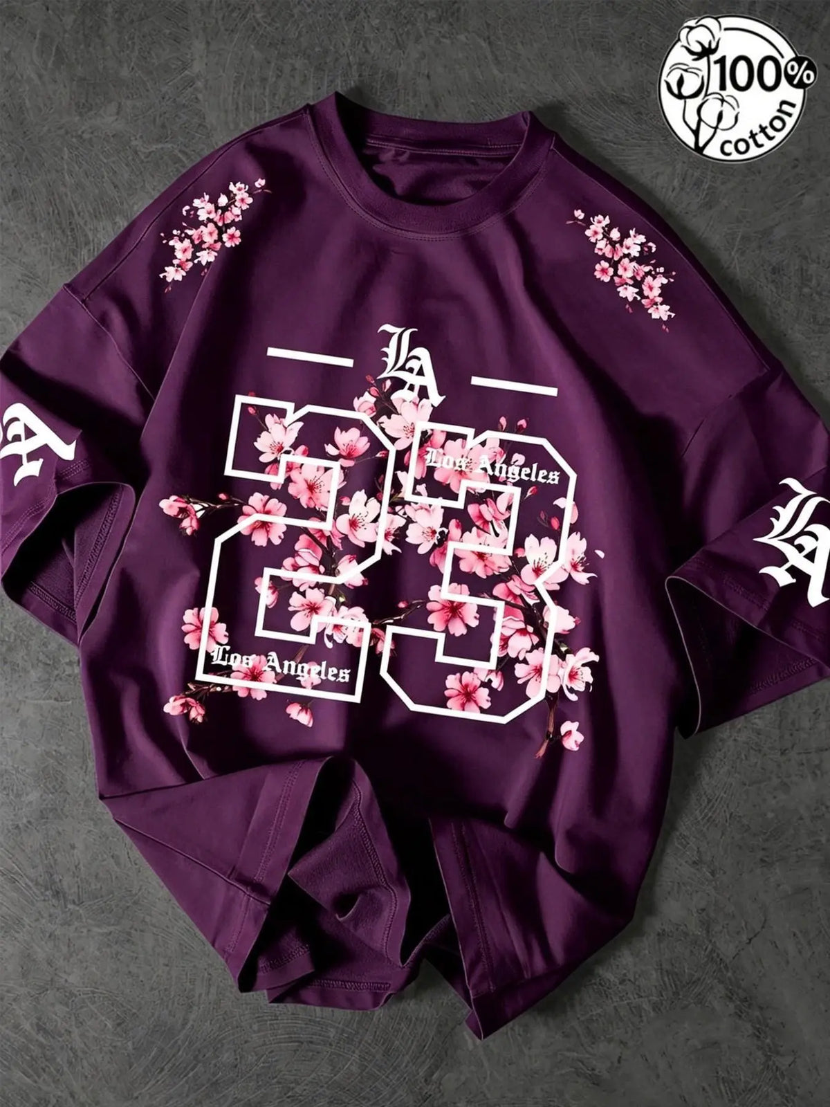 Unisex 100% Cotton Oversized Round Neck Aesthetic T-Shirt, Los Angeles 23 Gothic Cherry Blossom Print, Y2K Streetwear Top