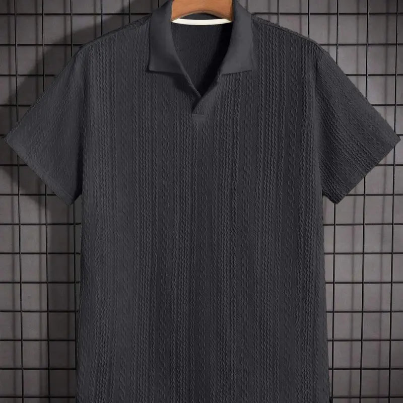Men's Solid Jacquard Knit Polo Shirt, Regular Fit Casual Short Sleeve Collared Top for Summer, National Day Clothing, Fashion Menswear Men's Clothes for Daily Wear，summer outfits，mensfashion，mens clothing，guys giftsJacquard polo shirt funny men