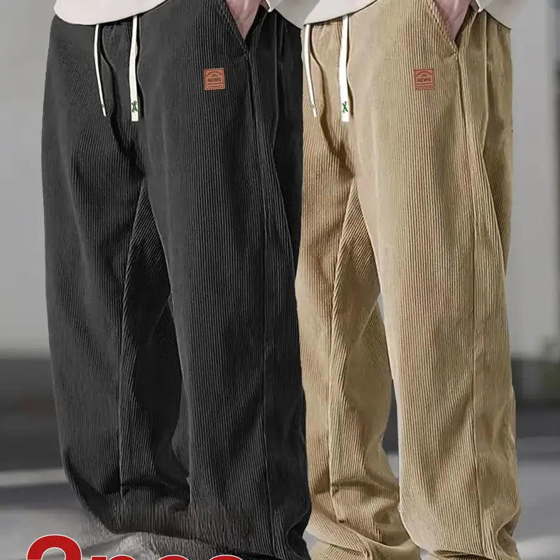 Men's Autumn Corduroy Casual Pants (2 Pairs) - Menswear Plain Trouser, 100% Polyester Clothing, Lightweight Loose Straight-Leg, Drawstring Waist Adapts to Your Fit