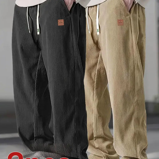 Men's Autumn Corduroy Casual Pants (2 Pairs) - Menswear Plain Trouser, 100% Polyester Clothing, Lightweight Loose Straight-Leg, Drawstring Waist Adapts to Your Fit