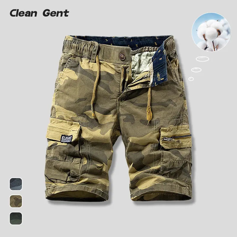 Clean Gent men’s classic camouflage cargo shorts—stylish, high-end design with multiple pockets for practicality; suitable for outdoor sports and waiting-in-line dates; a perfect gift choice.