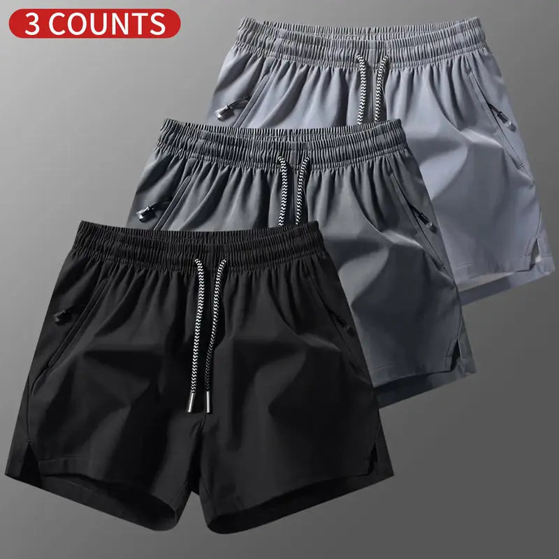 Men's 3-Counts Plain Solid Drawstring Shorts - Male Clothing, Drawstring Hold Fit, Casual Athletic Men's Shorts, Zipper Pockets, Chic Preppy Fitted Cut, Breathable Elastic Waist, Machine Washable Athleisure Bottoms, Athleisure to Beach