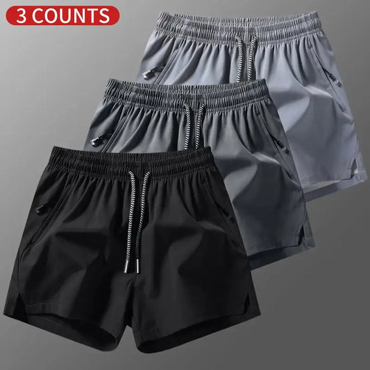 Men's 3-Counts Plain Solid Drawstring Shorts - Male Clothing, Drawstring Hold Fit, Casual Athletic Men's Shorts, Zipper Pockets, Chic Preppy Fitted Cut, Breathable Elastic Waist, Machine Washable Athleisure Bottoms, Athleisure to Beach