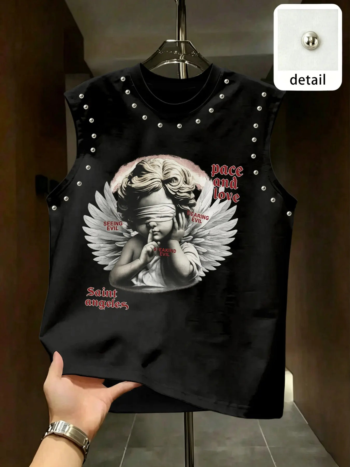Men's Blindfolded Angel Rivet Sleeveless Vest, Vintage Classic Letter Print Cape, American High Street Fashion, Loose-Fitting Oversized Street Style Streetwear Top