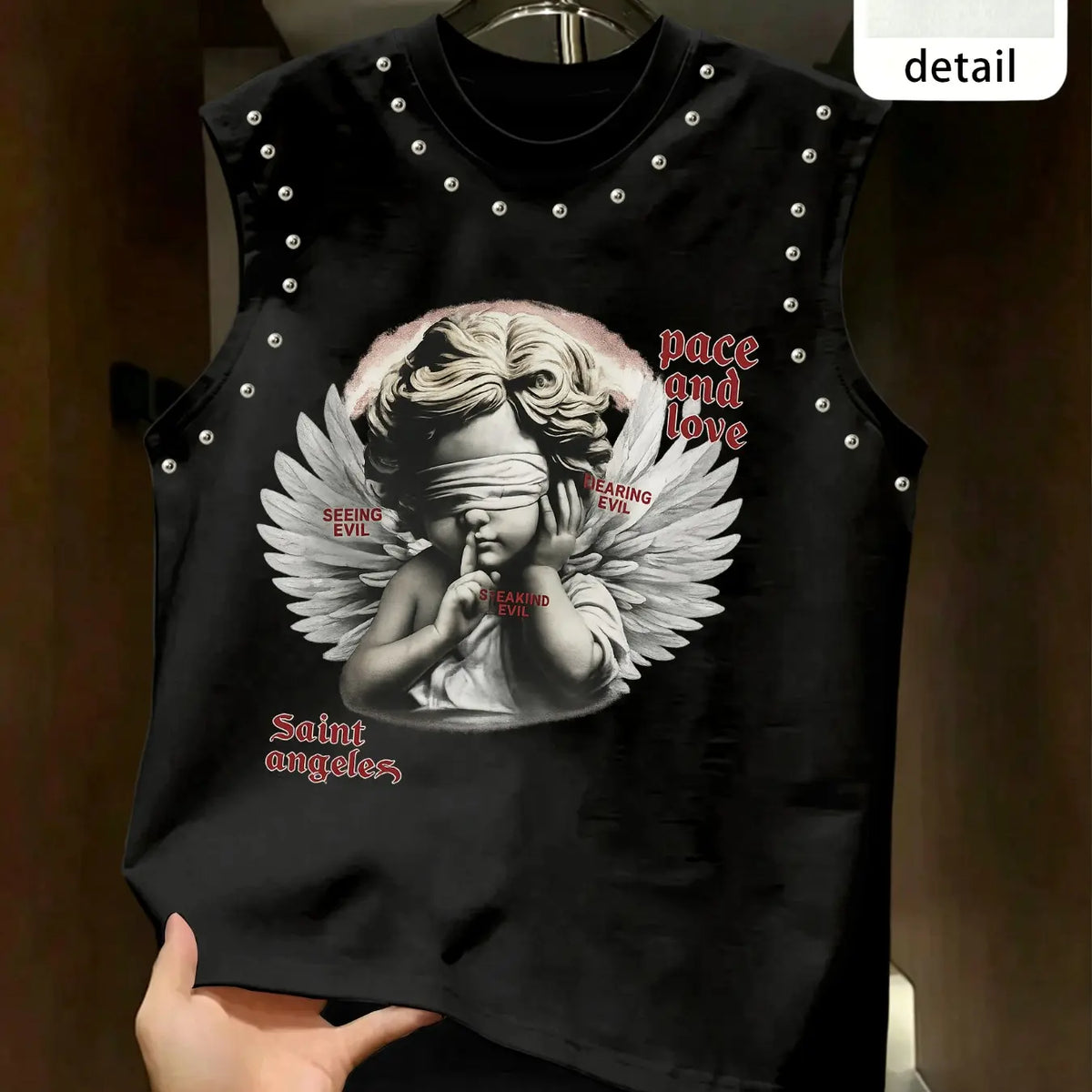 Men's Blindfolded Angel Rivet Sleeveless Vest, Vintage Classic Letter Print Cape, American High Street Fashion, Loose-Fitting Oversized Street Style Streetwear Top