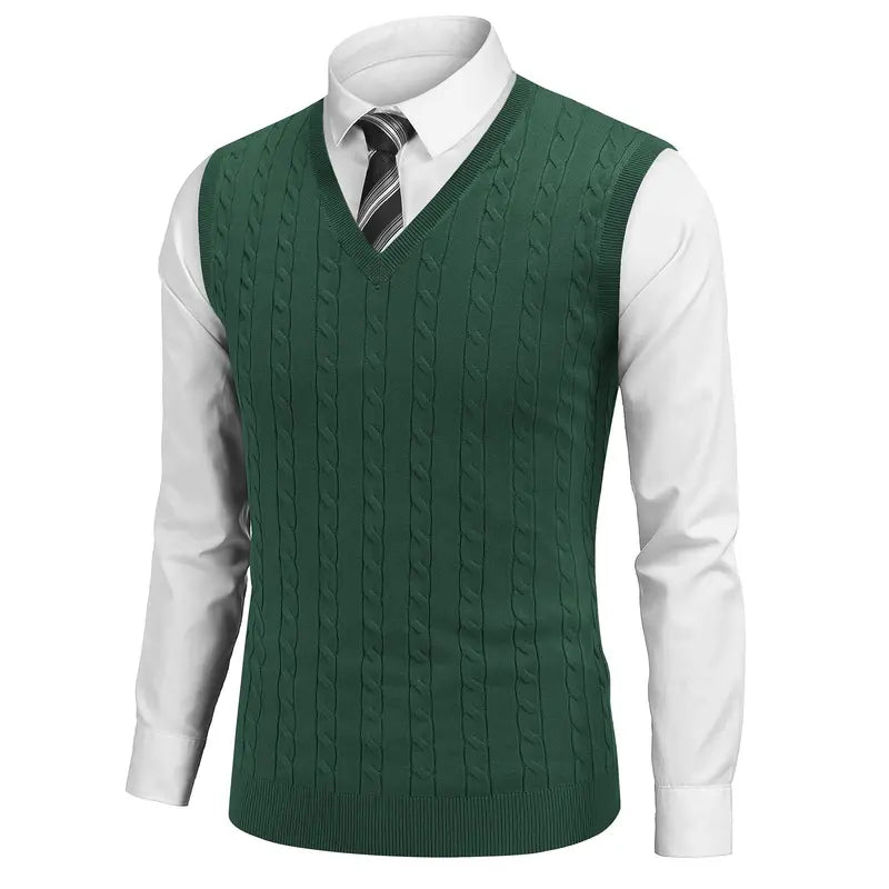 COOFANDY Menswear Men's V-Neck Slim-Fit Ribbed Cable-Knitted Sleeveless Pullover Sweater Vest, Stretchable Soft Lightweight Polyester Fabric, Machine Washable US Sizes, Formal-Casual Thermal Tops for Business Office