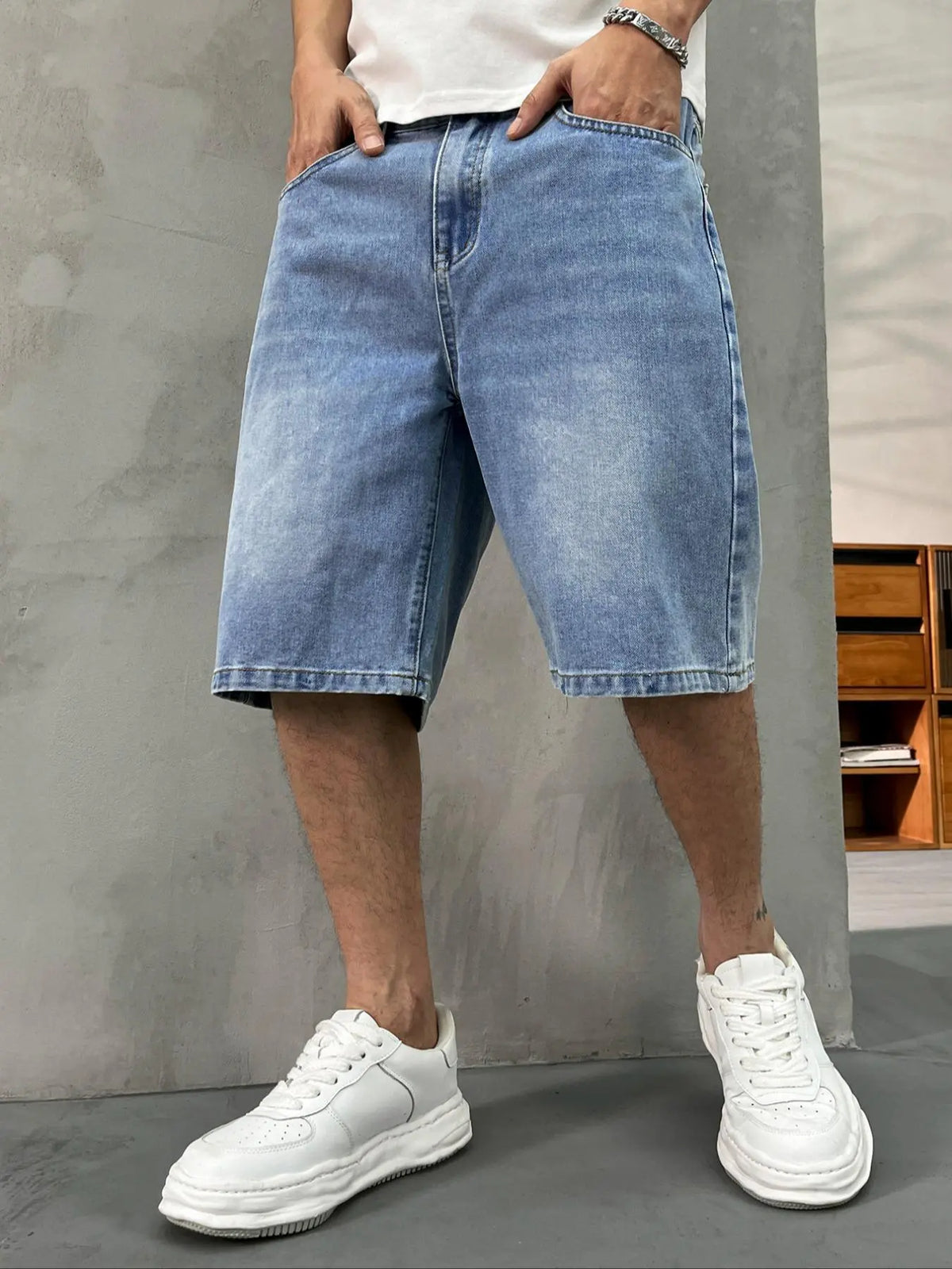 Men's washed retro color denim shorts, Denim Look, trendy, versatile, loose straight-leg casual streetwear denim five-point pants