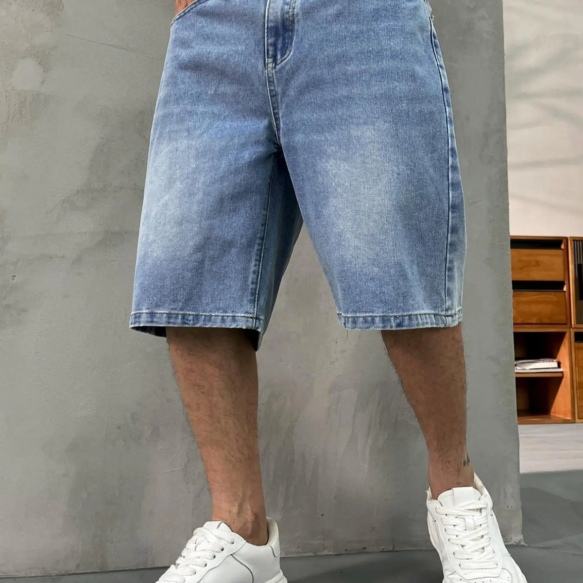 Men's washed retro color denim shorts, Denim Look, trendy, versatile, loose straight-leg casual streetwear denim five-point pants