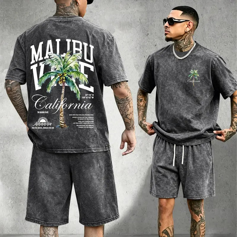 Men’s Retro Street Style Lightweight Cotton Short-Sleeve T-Shirt - Palm Tree Print, Washed Distressed Design, Good Graphic Tees - Suitable for Casual Wear, Sports - Ideal Summer Gifts for Him, Tops, Shortsleeve