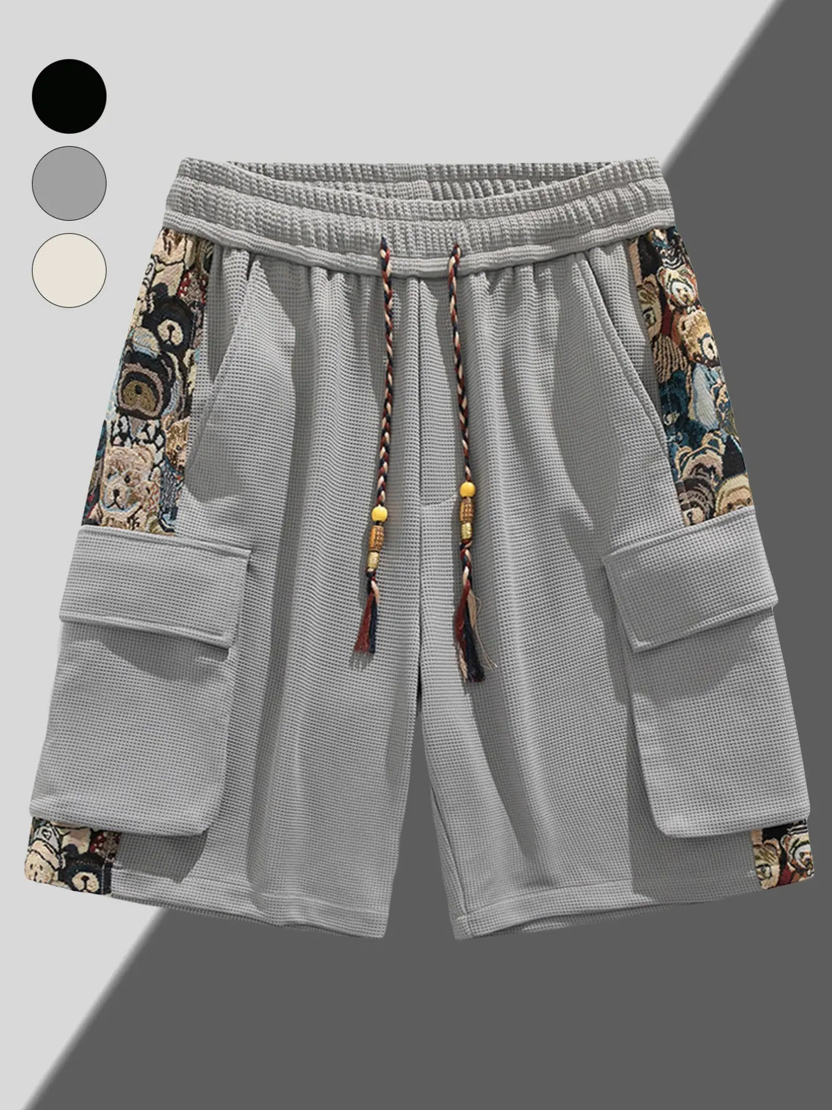 Men's Trendy Cargo Shorts with Cartoon Print, Casual Fitted Pocket Shorts for Summer, Stylish Drawstring Waist Shorts, Fashionable Shorts, Drawstrings Shorts