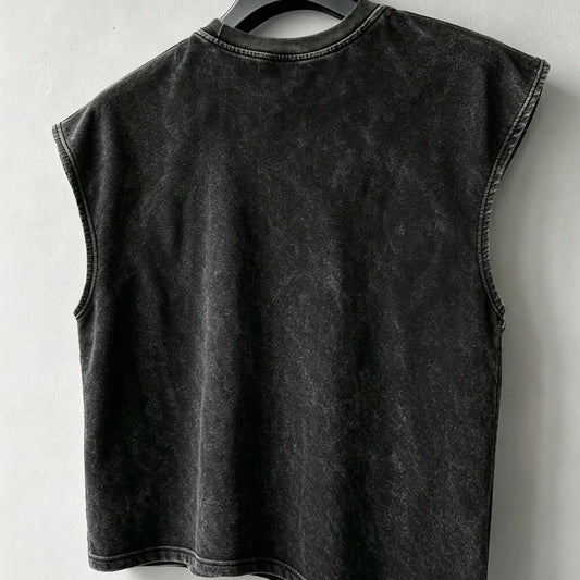 Unisex Raw Wash Cotton Sleeveless Top, H-Type Loose Fit, Short Casual Wear, Y2K Street Style, Graphic Print, No Collar, No Button, No Zipper