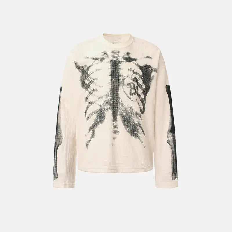 inflation Men's Oversized Alt Knitwear Thermal Long Sleeve Shirt - 65% Cotton 35% Polyester Clothing, Skeleton Ribcage X-Ray Graphic Shirt, Fashion Streetwear Top, Round Neck, XL (Pairs with Jeans)