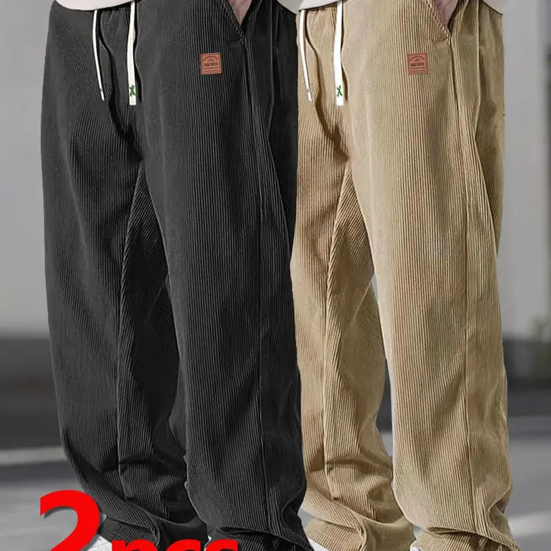 Men's Autumn Corduroy Casual Pants (2 Pairs) - Menswear Plain Trouser, 100% Polyester Clothing, Lightweight Loose Straight-Leg, Drawstring Waist Adapts to Your Fit