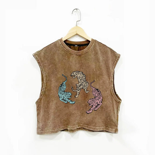 Fashion Tiger Print Cotton Vest, Loose-Fit Round Neck Sleeveless Top, Breathable Summer Essential, Street Style, All-Season Wear, Graphic Sleeveless Vest