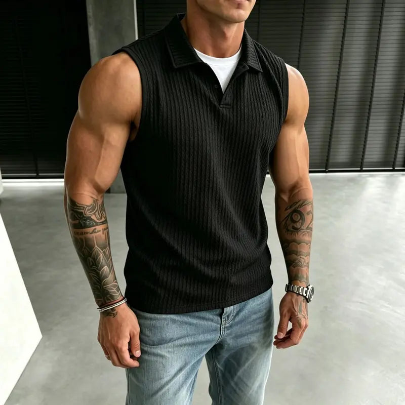 Summer solid-color sleeveless polo shirt for men, simple turn-down collar design, casual style, plus size, everyday top