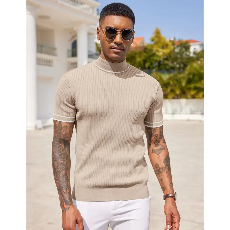 COOFANDY Men's Mock Turtleneck Sweater Short Sleeve Casual Basic Tops Ribbed Knit Pullover Solid Tee