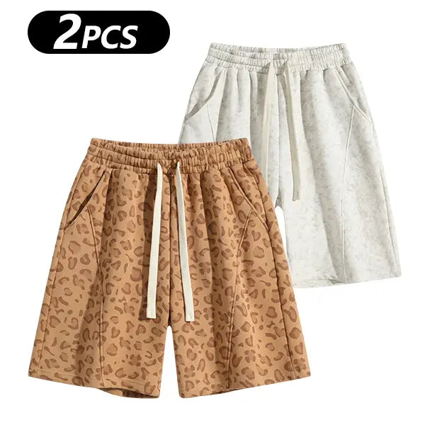 Men's Cotton Blend Sweat Shorts Casual Athletic Lounge, Loose Fit Drawstring with Pockets, Leopard Print Acid Wash, for Summer Workouts, Streetwear & Gym-to-Lounge