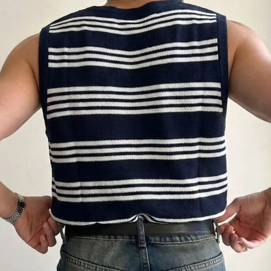 Men's Striped Colorblock Knit Tank Top Vest, Summer Thin Casual Streetwear, Fitted Short Sleeveless Graphic Sweater, Trendy Fashion Apparel, Menswear, Knitted Vest