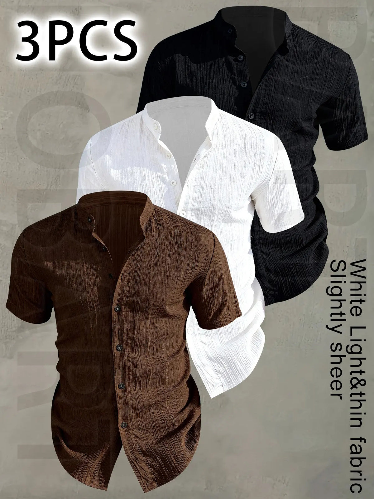 3pcs Set Men's Summer Short Sleeve - Lightweight Breathable Plain Color Button-Up Casual Shirt with Stand Collar, Low-cut collar designr Beach Vacation, Pool Party & Casual Attire, Beach Shirt, Collared Fitted Shirt, gift for husband