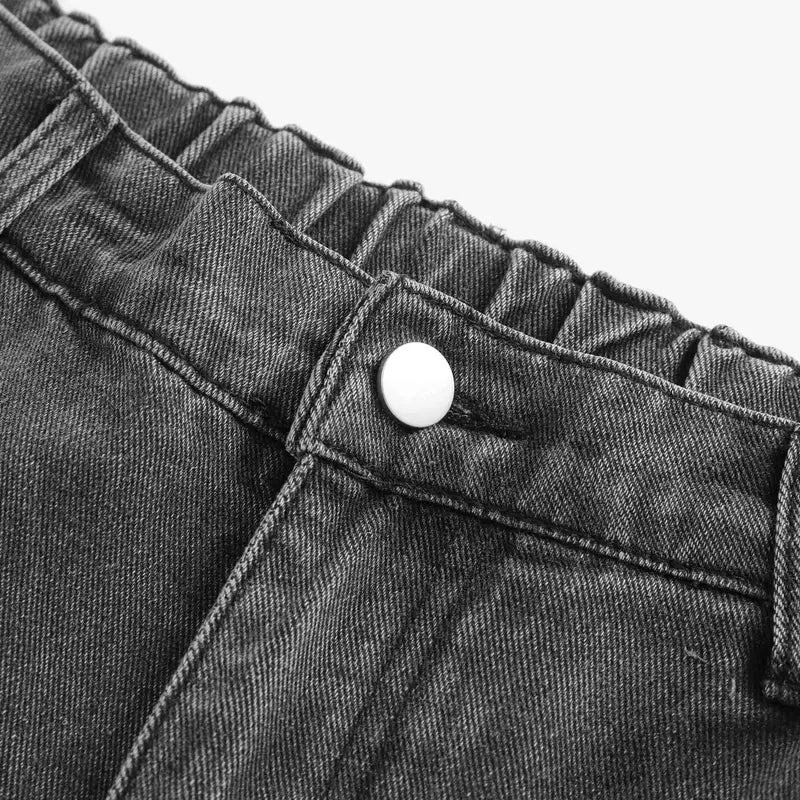 Men's Plain Baggy Denim Jeans - 90s-2000s Retro Vintage Clothing, Washed Charcoal Black Rigid Cotton, Oversized Loose-Fit Streetwear, Male All-Season Breathable, Raw Wash Vertical Paneled Seams, Sandblasted Whisker Fade