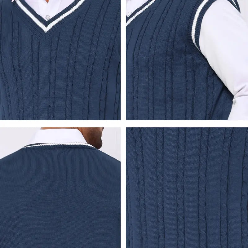 INSPIRE CHIC Men's Solid Color V-Neck Sleeveless Cable Knitted Sweater Vest