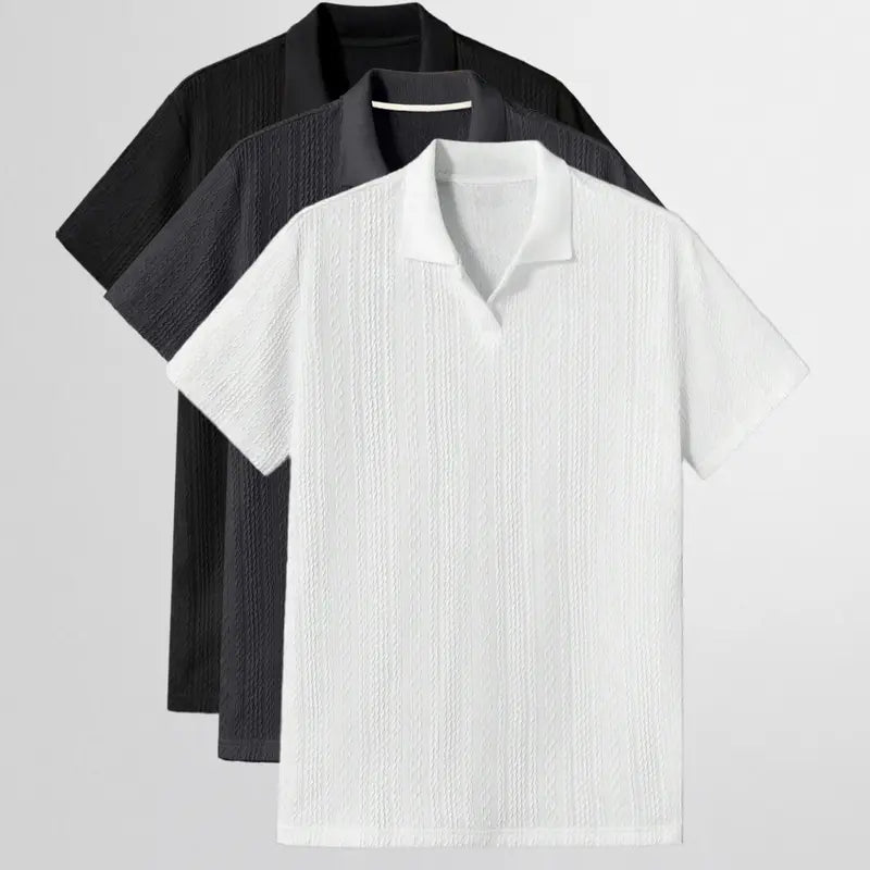 Men's Solid Jacquard Knit Polo Shirt, Regular Fit Casual Short Sleeve Collared Top for Summer, National Day Clothing, Fashion Menswear Men's Clothes for Daily Wear，summer outfits，mensfashion，mens clothing，guys giftsJacquard polo shirt funny men