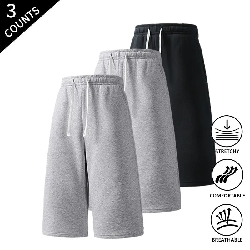 Men's 3-Pack Baggy Fit Sweat Shorts, 7/8 Knee-High Length, Elastic Drawstring, Plain Casual Menswear for Summer Everyday Wear