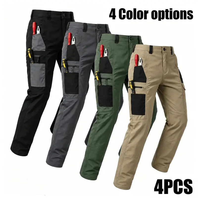 4-pack men’s tactical cargo pants with multiple pockets, durable fabric, perfect for outdoor activities and casual wear; work pants (no belt).