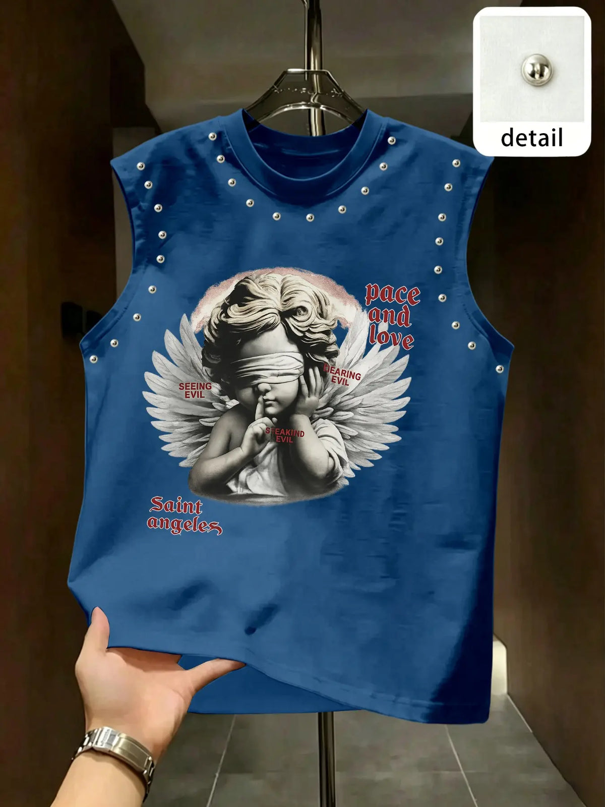 Men's Blindfolded Angel Rivet Sleeveless Vest, Vintage Classic Letter Print Cape, American High Street Fashion, Loose-Fitting Oversized Street Style Streetwear Top
