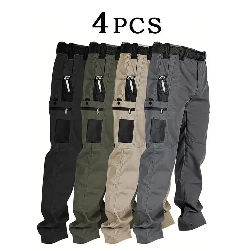 Men's 4-Pack 230g Military-Inspired Multi-Pocket Utility Cargo Pants, Plain Loose Baggy Cut Trousers with Button-Zip Fly, Male Clothing for Back to School First Day Outfits