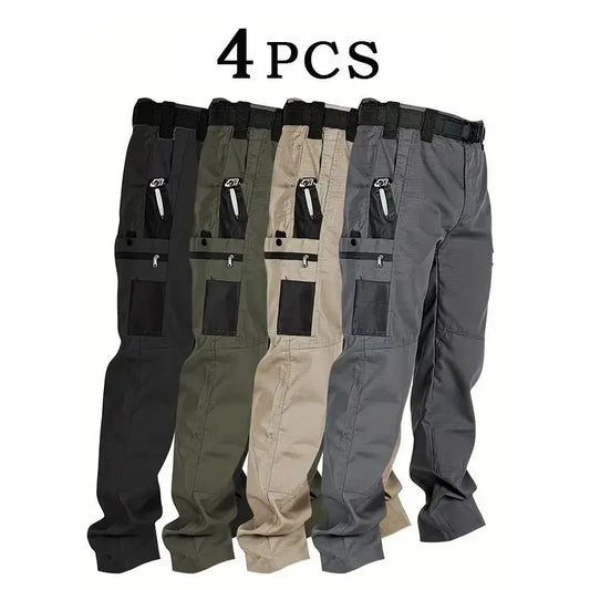 Men's 4-Pack 230g Military-Inspired Multi-Pocket Utility Cargo Pants, Plain Loose Baggy Cut Trousers with Button-Zip Fly, Male Clothing for Back to School First Day Outfits