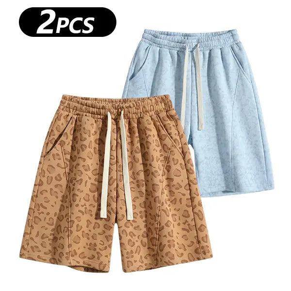 Men's Cotton Blend Sweat Shorts Casual Athletic Lounge, Loose Fit Drawstring with Pockets, Leopard Print Acid Wash, for Summer Workouts, Streetwear & Gym-to-Lounge