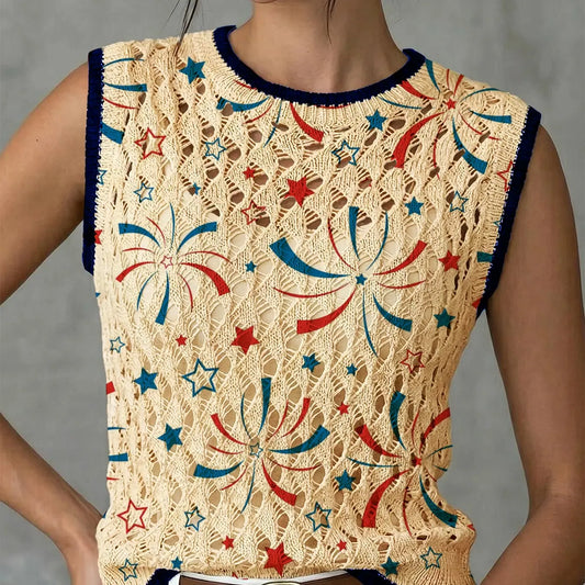 Women's Elegant Fireworks Star Independence Day Print Round Neck Sweater Vest, Casual Sleeveless Knit Top, Breathable Summer Clothing