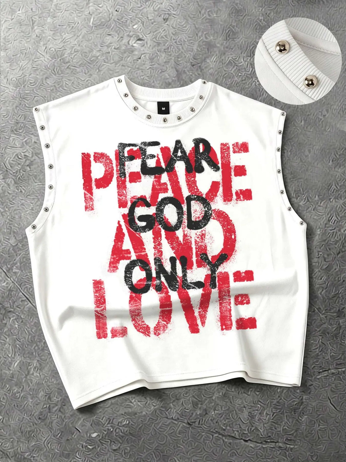 "Fear God Only" Slogan Loose-fitting Vest for Men and Women, Letter Print Geometric Metal Studs Vest, Aesthetic Summer Clothes, Street Fashion Vest, Y2k Summer Vest, 2026 New Streetwear Vest, Sleeveless, Fashion Tank Tops