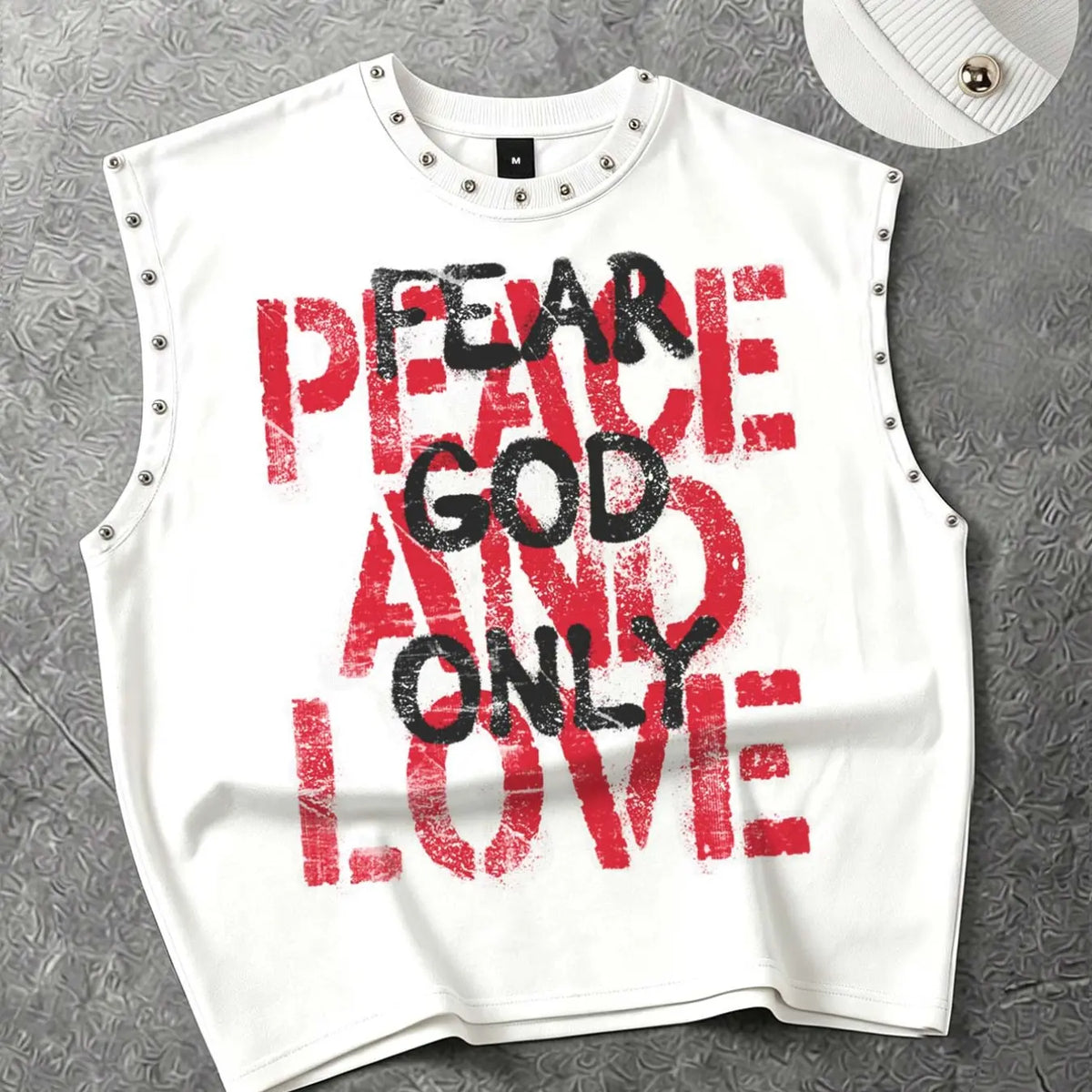 "Fear God Only" Slogan Loose-fitting Vest for Men and Women, Letter Print Geometric Metal Studs Vest, Aesthetic Summer Clothes, Street Fashion Vest, Y2k Summer Vest, 2026 New Streetwear Vest, Sleeveless, Fashion Tank Tops