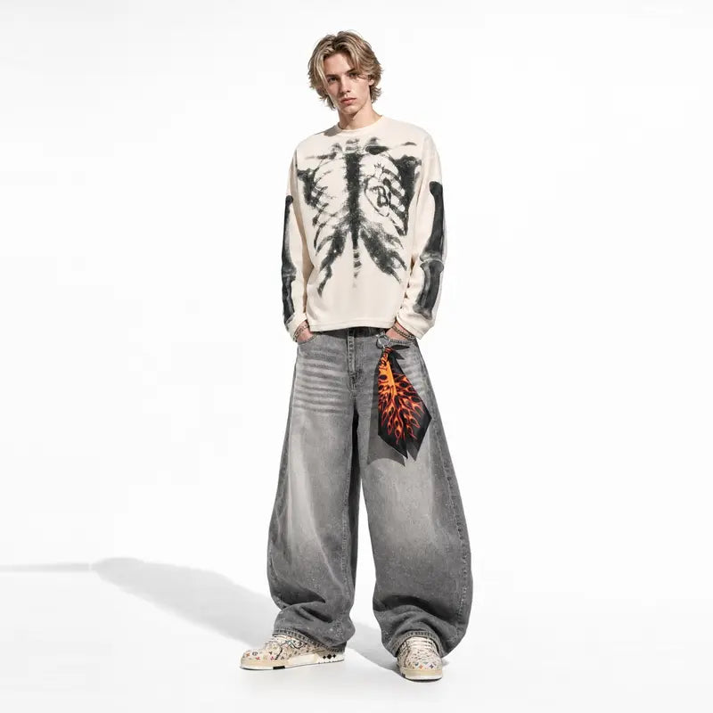 inflation Men's Oversized Alt Knitwear Thermal Long Sleeve Shirt - 65% Cotton 35% Polyester Clothing, Skeleton Ribcage X-Ray Graphic Shirt, Fashion Streetwear Top, Round Neck, XL (Pairs with Jeans)