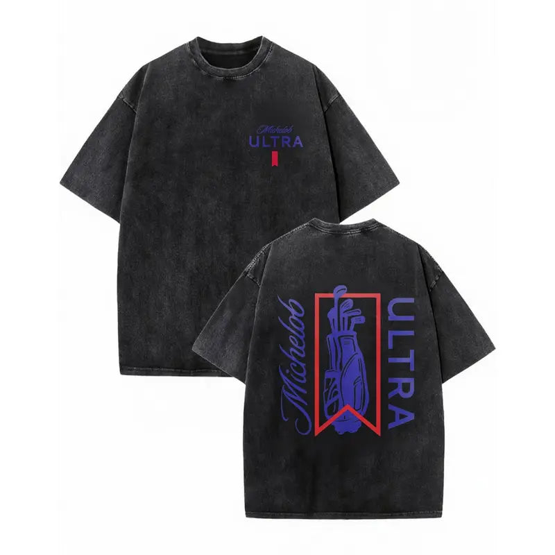Michelob Ultra Golf Bag Silhouette Wash Cotton Distressed Oversized Graphic Tee Men's Short Sleeve Pure Cotton T-Shirt Loose Fit, Retro Sports Streetwear Casual Golf Beer Aesthetic Baggy 100% Cotton Tee Gift