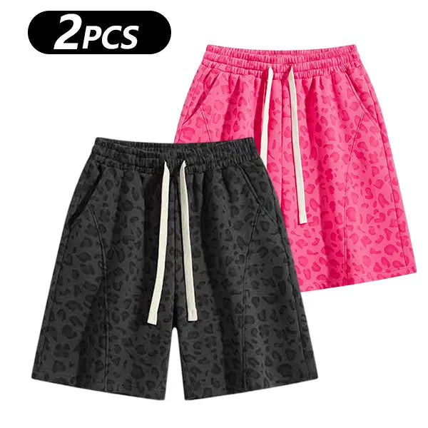 Men's Cotton Blend Sweat Shorts Casual Athletic Lounge, Loose Fit Drawstring with Pockets, Leopard Print Acid Wash, for Summer Workouts, Streetwear & Gym-to-Lounge