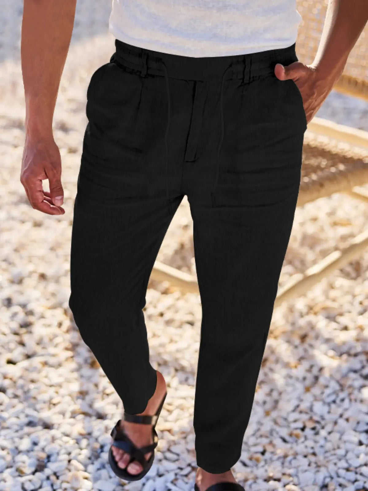 Men's Linen Pants, Fashion Trousers, Pocket Drawstring Solid Color Plain Hip Hop Beach Sports Wide Leg Long Pants, Comfortable Versatile All-Season Wear