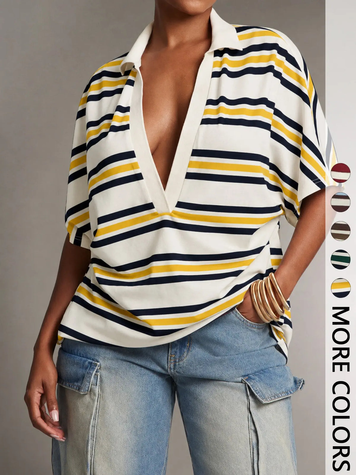 Deep V Collar Striped Polo Shirt, Loose-Fit Short Sleeve Casual Top, European and American Style T-Shirt, Comfortable and Stylish, V Neck Polo