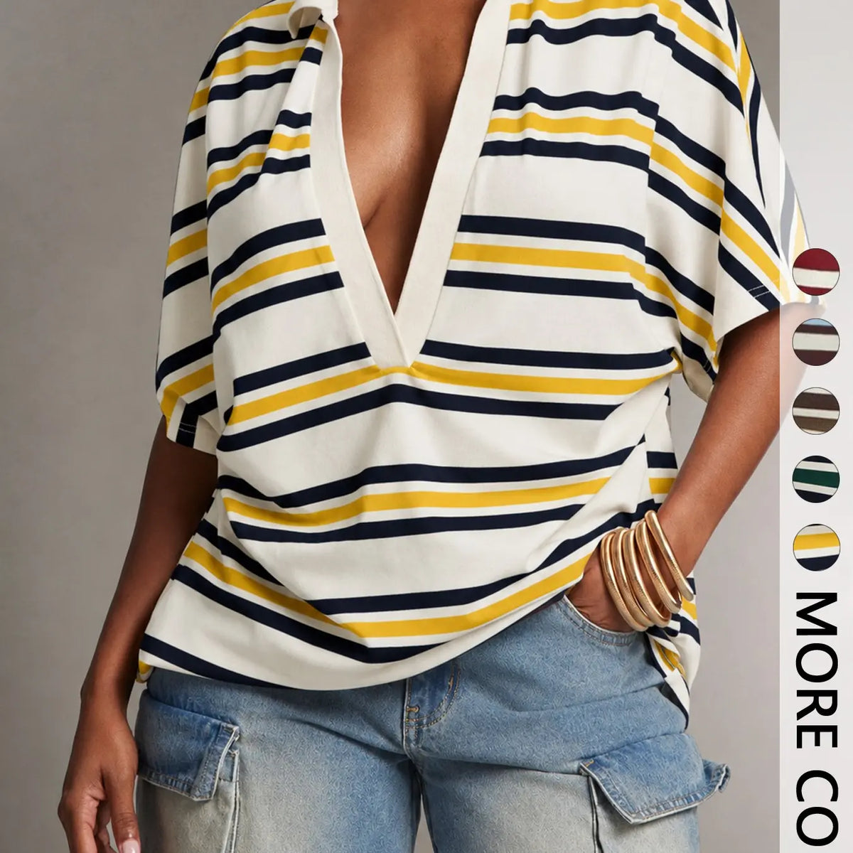 Deep V Collar Striped Polo Shirt, Loose-Fit Short Sleeve Casual Top, European and American Style T-Shirt, Comfortable and Stylish, V Neck Polo
