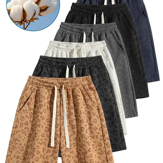 Men's Cotton Blend Sweat Shorts Casual Athletic Lounge, Loose Fit Drawstring with Pockets, Leopard Print Acid Wash, for Summer Workouts, Streetwear & Gym-to-Lounge