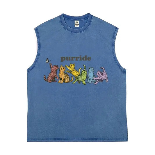 Men's 100% Soft Cotton Loose Relaxed Fit Distressed Acid-Washed Sleeveless Muscle Tank Top - Vintage Retro LGBTQ Pride Rainbow Cats Butterfly Graphic Unisex Cargo Fabric Gym Streetwear Vest, Multiple Colors Available